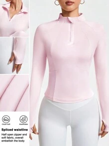 Easithlete Women Solid Color Front Zipper Long Sleeve Casual Sports Sweatshirt - Pink - View 1