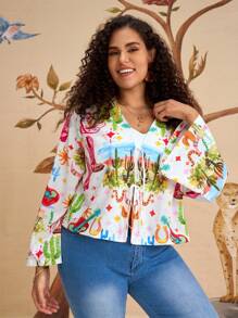 SHEIN VCAY Camisa de talla grande con estampado floral colorido y lazo delantero para vacaciones - Multicolor - Ver 6