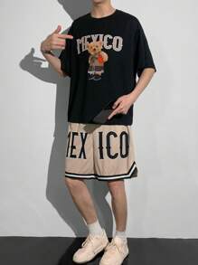 SHEIN 2pcs Teen Boys Casual Short Sleeve T-Shirt And Shorts Set, Street Punk Rock Style, Suitable For Spring/Summer Occasions, Parties, Music Festivals. Featuring Bear Print, Basketball Shorts, Color Block Design