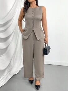 Firerie Plus Size Women's New Commuter Fake Pocket Decor Boat Neck Khaki Valentine Suit Vest Open Front Jacket & Suit Pants 2 Pieces Set