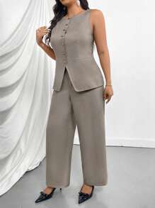Firerie Plus Size Women's New Commuter Fake Pocket Decor Boat Neck Khaki Valentine Suit Vest Open Front Jacket & Suit Pants 2 Pieces Set