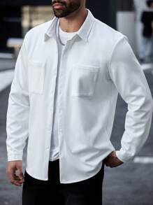 Manfinity Homme Plus Size Men's Solid Color Single-Breasted Double Pocket Long Sleeve Shirt, Autumn - White - View 3