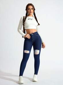 SHEIN ICON 女式口袋破洞紧身休闲百搭牛仔裤 - 深色水洗藍 - 查看 3