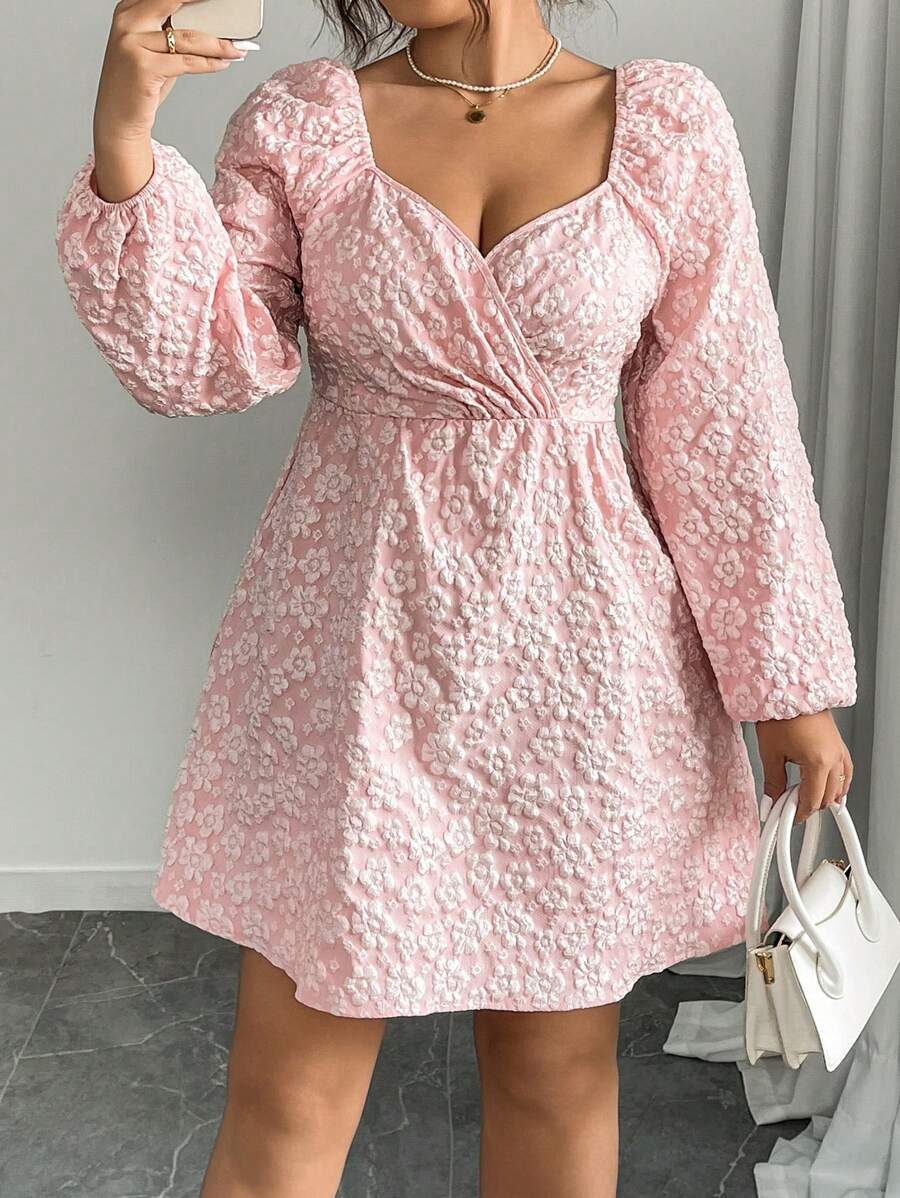 Flirla Damen Große Größen Kleid mit V-Ausschnitt, geraffeter Taille, Jacquard-Muster und Langarm, Osterbekleidung - Pink - Übersicht 1