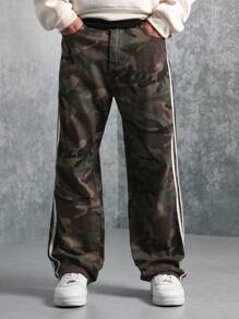 SUMWON 军用工装风格直筒裤，侧条纹设计，战术作战裤，街头时尚，四季耐穿裤，带撞色胶带