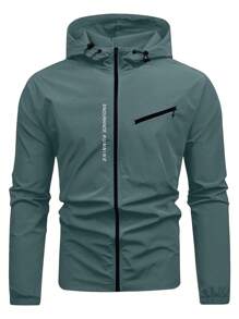 Manfinity Running 男士字母印花抽绳连帽运动夹克健身上衣秋季透气