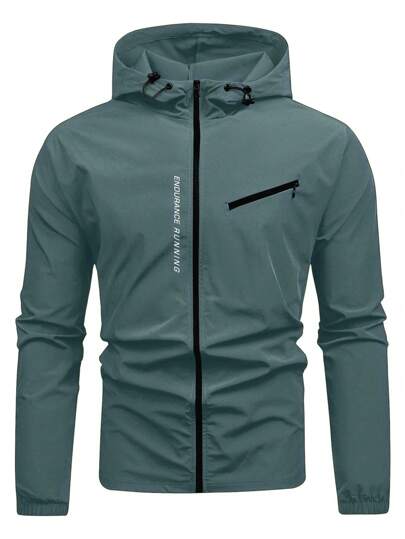 Manfinity Running Men's Letter Print Drawstring Hooded Sports Jacket Workout Tops Fall Breathable