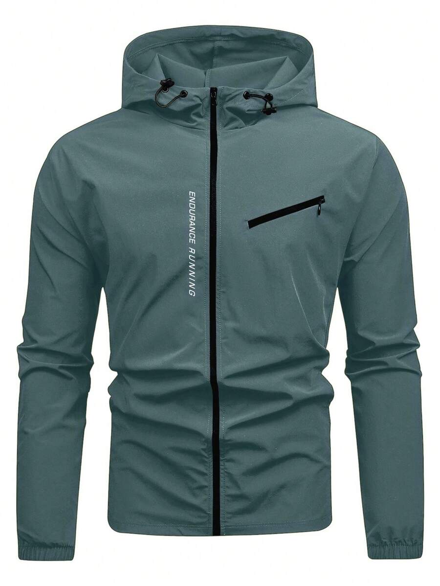 Manfinity Running 男士字母印花抽绳连帽运动夹克健身上衣秋季透气