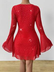 Zolique Sexy Y2K Metallic Mesh V-Neck See-Through Black Flare Sleeve Dress Fall Cloth For Women - Red - View 2