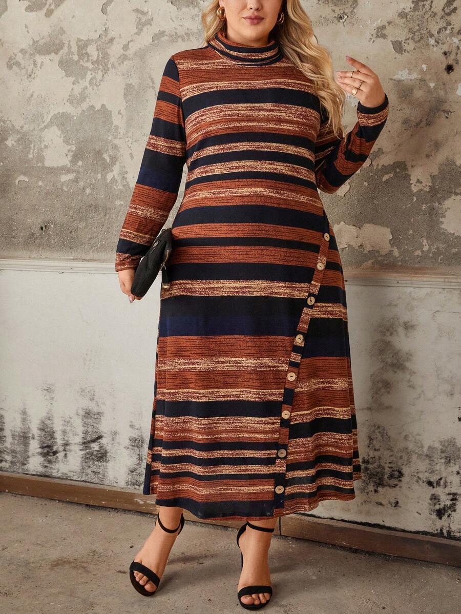 EMERY ROSE Plus Size Vintage Striped Turtleneck Knitted Dress With Coconut Button Decor - Multicolor - View 1