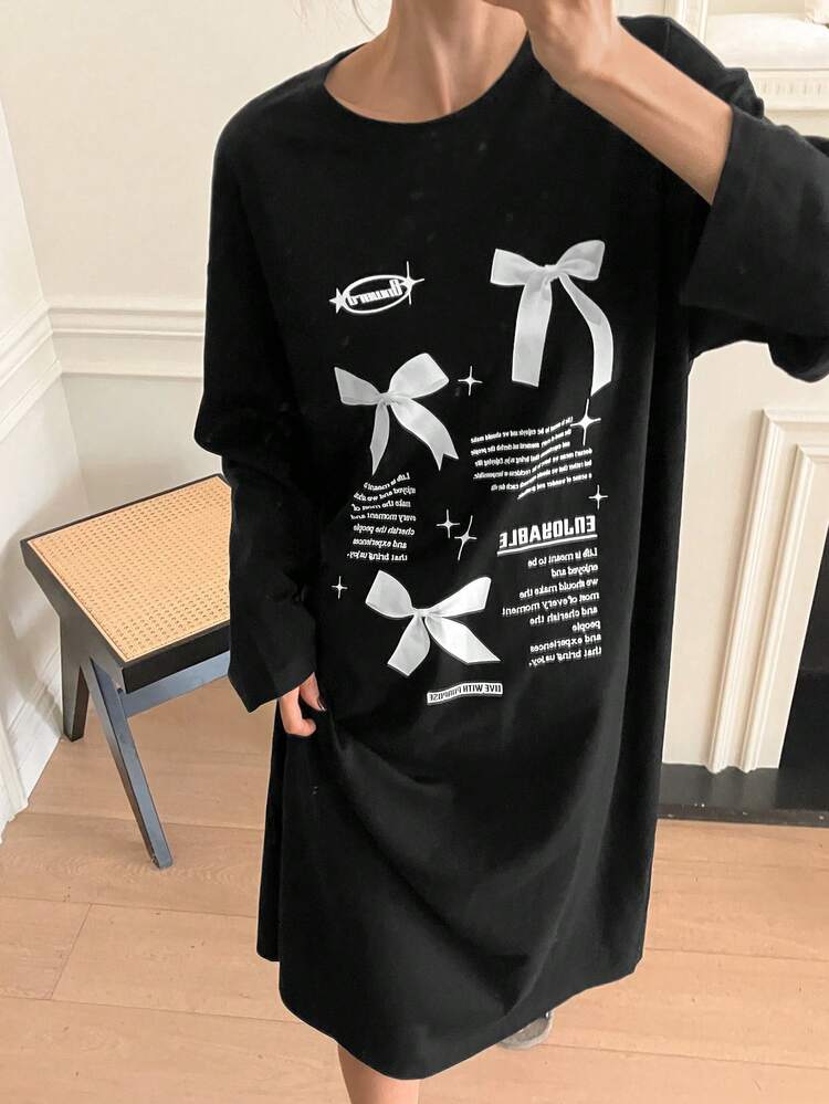 Casual Loose Fit Bow Slogan Print Nightgown Pajama