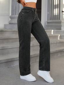 SHEIN EZwear 女式宽松直筒休闲牛仔裤，带口袋 - 黑色 - 查看 3