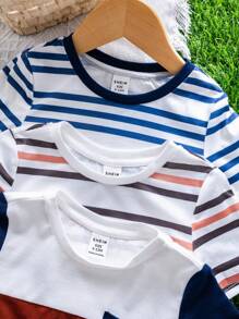 SHEIN 2 件彩色条纹针织柔软圆领长袖上衣套装，适合男婴和女婴 - 彩色 - 查看 6