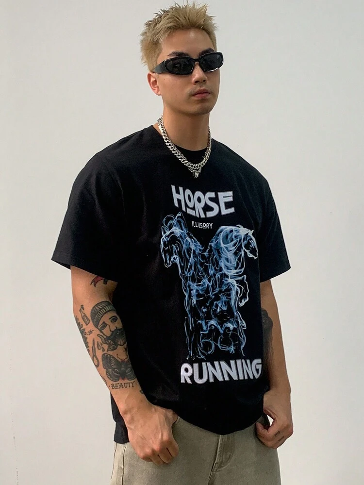 Summer Abstract Animal Print Letter Graphic Black T-Shirt For Men Business Attire