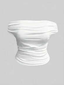 Rina Fox Plus Size Women's Summer Solid Color Ruched Off-Shoulder Slim White Crop Top
