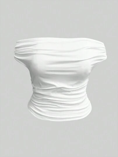 Rina Fox 大码女式夏季纯色褶皱露肩修身白色短款上衣