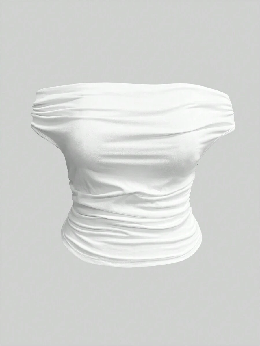Rina Fox Plus Size Women's Summer Solid Color Ruched Off-Shoulder Slim White Crop Top