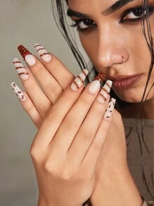 ROMWE 10pcs High Quality Punk Style Leopard Print Handmade False Nails + 3 Sheets Double-Sided Adhesive, Y2K Gothic Chain Leopard Nail Arts, Removable & Reusable, Suitable For Festivals, Parties, Dancing & Daily Wear, Halloween