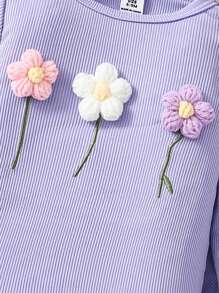 SHEIN 2 件装女婴紫色纯色花朵装饰休闲舒适家居服套装、长裤和长袖上衣 - 紫色 - 查看 3