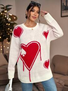 Calvaya Plus Size Valentine's Day Heart Pattern Flocked Sweater, White Background Knit Pullover Fall Winter - Beige - View 5
