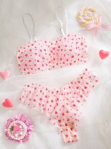 PetitDoll 2pcs/Set Valentine's Day Cute Mesh Heart Sexy Lingerie Set, Kawaii - Baby Pink - View 1