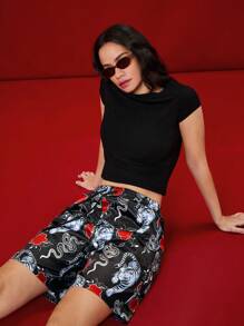 Manfinity VCAY 男女通用街头风格虎纹图案编织高密度仿丝抽绳松紧腰宽松直腿短裤 - 黑色 - 查看 5