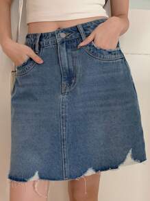 DAZY Women's Front Button Pocket Frayed Hem Casual Denim Skirt