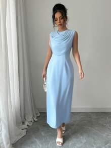 Elenzga Women Blue Sleeveless Drape Design Fitted Dress - Blue - View 5