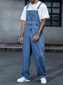 Manfinity Homme Men's Pocketed Wide Leg Loose Casual Denim Bib Overalls - Medium Wash - View 4