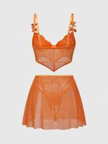 ROMWE Avant Y2K Lace Mesh Patchwork Bow Underwired Chain Open Crotch Lingerie Set, Sexy Roleplay - Orange - View 2