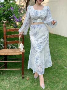 DAZY 两件套女士全印花方领灯笼袖短款衬衫和鱼尾裙套装，荷叶边，秋季女装复活节 - 藍色 - 查看 10