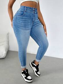 Firerie Plus Size Front Button Pocket Casual Denim Jeans, Daily Wear - Light Wash - View 5