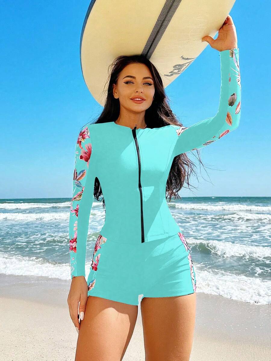 Swim SPRTY Women's Tank Top Bikini With Random Prints, Front Zipper Summer - Mint Blue - View 1