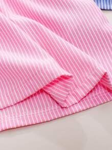 SHEIN 2 件套年轻女孩条纹短袖刺绣连衣裙，粉色和蓝色可爱时尚夏季服装 - 彩色 - 查看 7