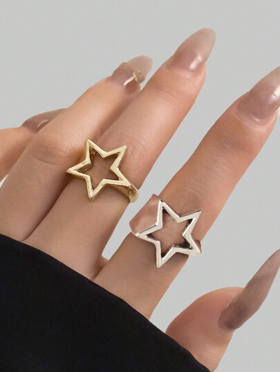 Goth 2pcs/Set Punk Hollow Star Shaped Ring Set, Gift For Friends & Festivals