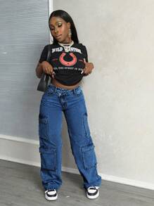 SHEIN Slayr 女士休闲前扣口袋直筒牛仔工装裤