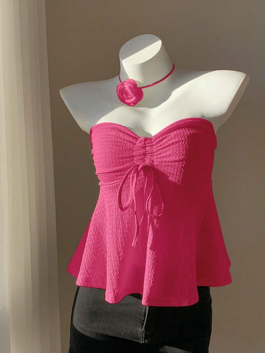 Sweetina Lindo Top De Bandeu De Cordón Para Vacaciones De Señora - Rosa Fucsia - Ver 1
