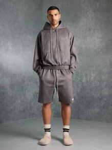 SUMWON Bộ đồ thể thao rộng rãi phối đồ da lộn mùa đông mặc ở nhà, áo hoodie và quần short nỉ, đồ tập thể thao đường phố cao cấp, bộ đồ thoải mái, thể thao giải trí - Xám - Xem 1