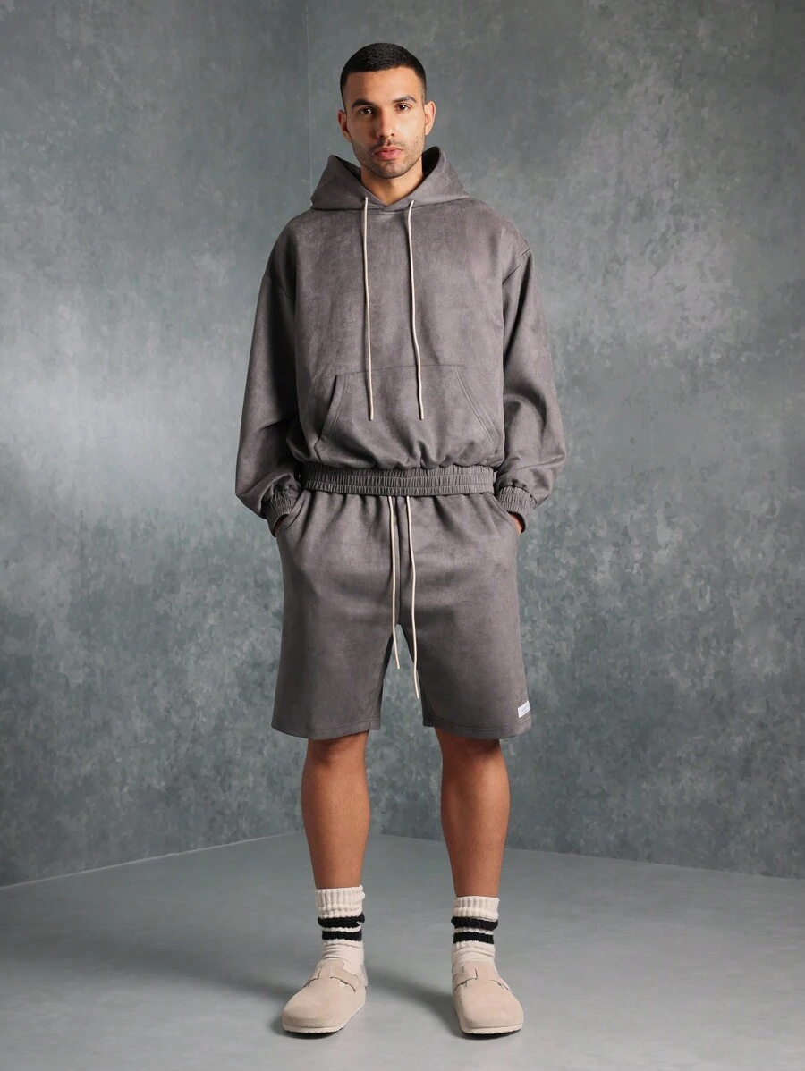 SUMWON Bộ đồ thể thao rộng rãi phối đồ da lộn mùa đông mặc ở nhà, áo hoodie và quần short nỉ, đồ tập thể thao đường phố cao cấp, bộ đồ thoải mái, thể thao giải trí - Xám - Xem 1