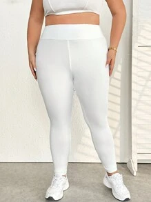 SHEIN CURVE+ Mallas de cintura alta elástica de un solo color en talla grande - Blanco - Ver 8