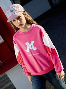 SHEIN Sudadera con cuello redondo y texto gráfico divertido con estilo de bloqueo de color casual urbano para niñas preadolescentes, apropiada para la fotografía callejera urbana y el uso casual diario - Multicolor - Ver 6