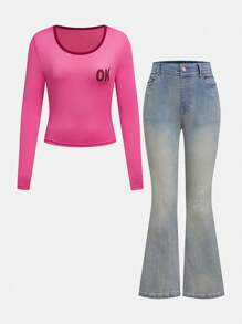 SHEIN 2 piezas Conjunto informal para adolescentes de camiseta de manga larga de cuello redondo + pantalones vaqueros con pierna acampanada - Azul - Ver 1