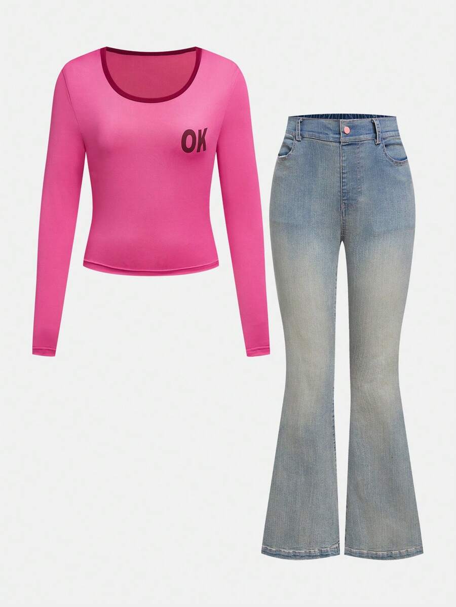 SHEIN 2 piezas Conjunto informal para adolescentes de camiseta de manga larga de cuello redondo + pantalones vaqueros con pierna acampanada - Azul - Ver 1