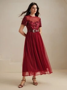 Anewsta Ancora 奢華深紅色優雅鏤空亮片網布拼接透視腰帶洋裝，適合夏季優雅派對正式場合與情人節 - 酒紅色 - 查看 7