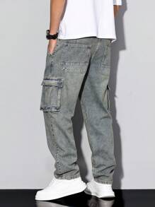 Manfinity Homme Pantalones cargo de mezclilla casual lavados para hombre - Azul - Ver 2