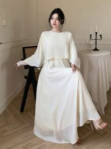 DAZY 女士雪纺中长款派对连衣裙，春秋季优雅长袖连衣裙 - 杏色 - 查看 6