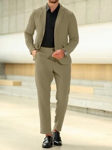Calvornis Men's Simple Notched Collar Long Sleeve Top & Long Pants Suit Set - Khaki - View 3