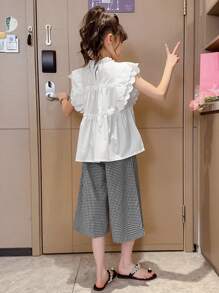 SHEIN 2pcs/Set Tween Girl' New Cap Sleeve Shirt And Plaid Pants Set, - Multicolor - View 2