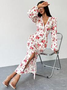 SHEIN Unity 纽扣装饰前拉链长袖深 V 领花卉印花连衣裙 - 白色 - 查看 8