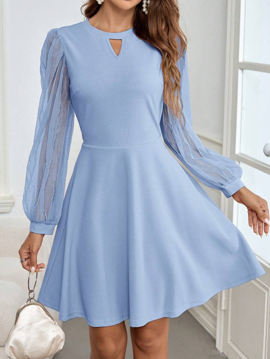 SHEIN Clasi 女士锁眼领口网眼灯笼袖优雅短裙 - 淺藍色 - 查看 1